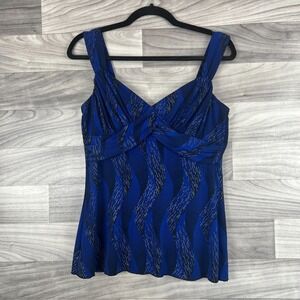 IZ Byer Camisole Top Womens L Navy Blue Wavy Stripe Ruffle Sleeveless Sweatheart